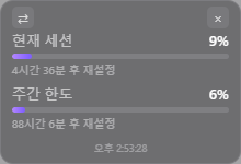 Claude Usage Widget showing Claude Pro/Max plan usage: current session percentage, weekly limit percentage, and reset times